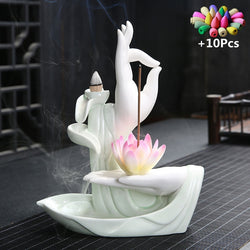 White Buddha Hand Backflow Incense Burner and Lotus Stick Holder