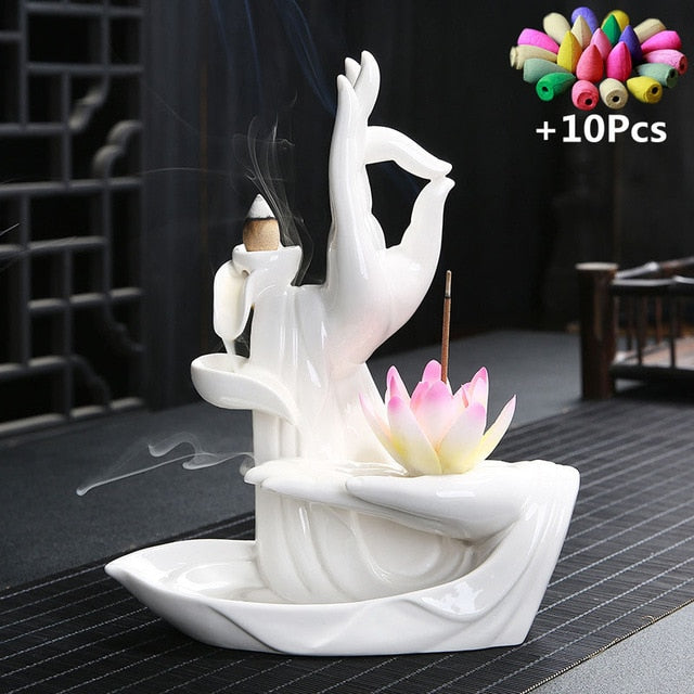 White Buddha Hand Backflow Incense Burner and Lotus Stick Holder