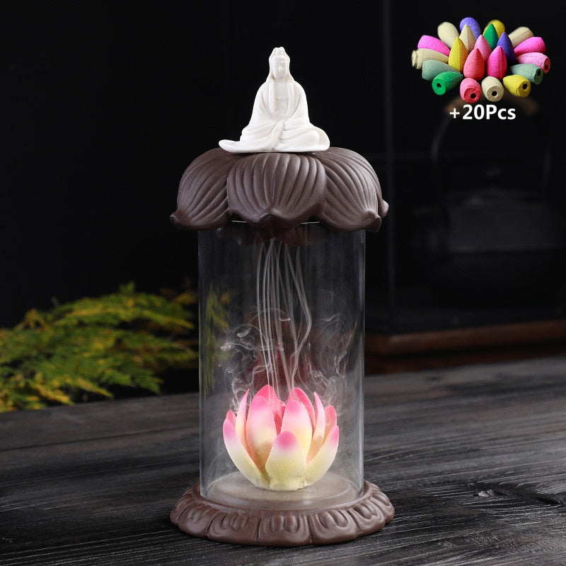 Lotus Backflow Incense Burner Acrylic Windproof Cover with LED
